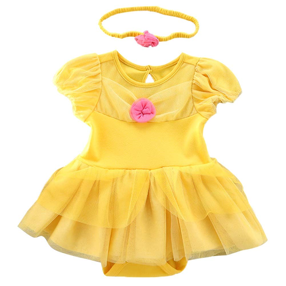CinheyU Baby Girls Belle Princess Costume Halloween Outifts Birthday Romper Tutu Dress w/Headband 90