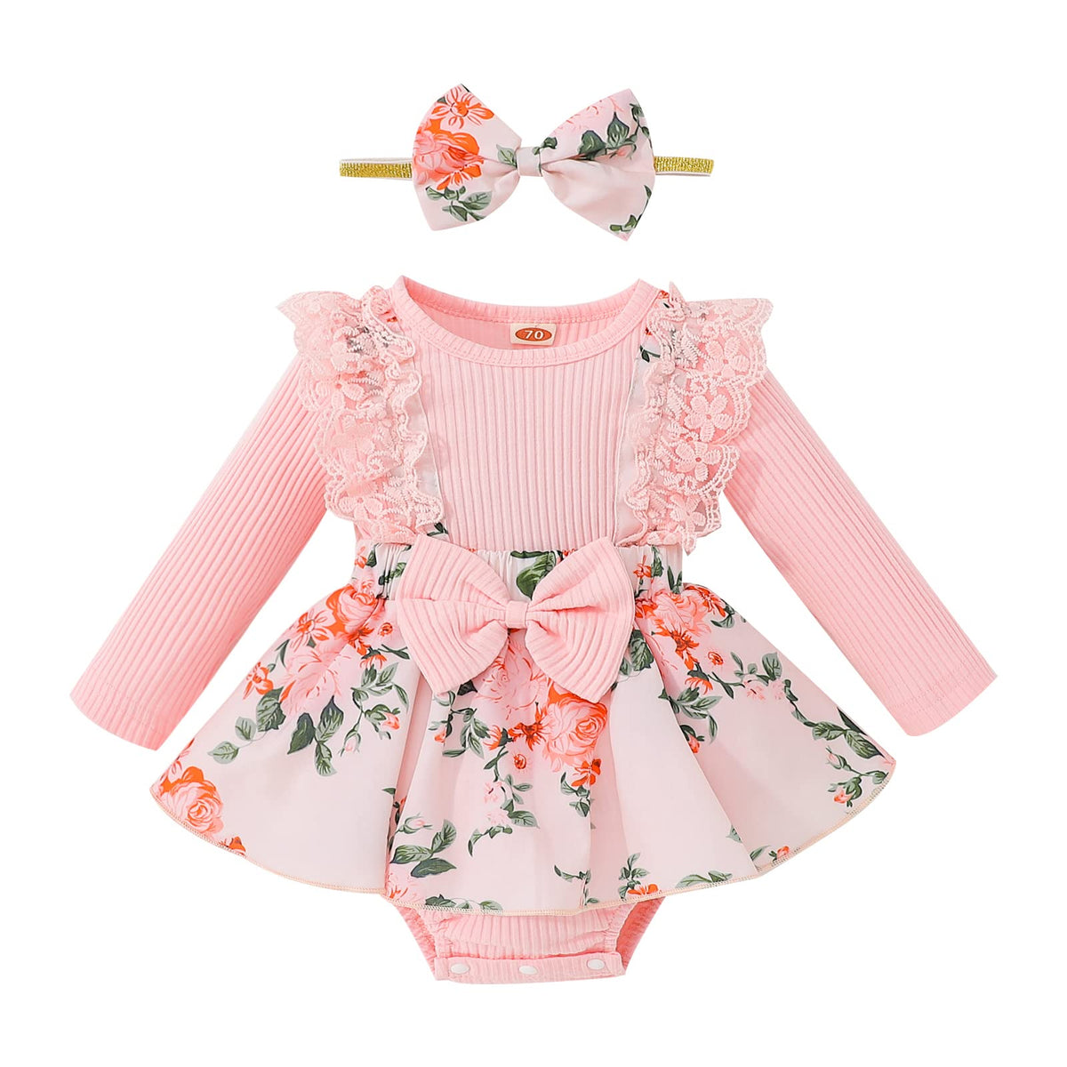 Lucikamy Newborn Baby Girl Romper Dress Ruffle Long Sleeve Ribbed Knit Overall Skirt Headband Infant Fall Winter Clothes (Pink 7 6-12 Months)