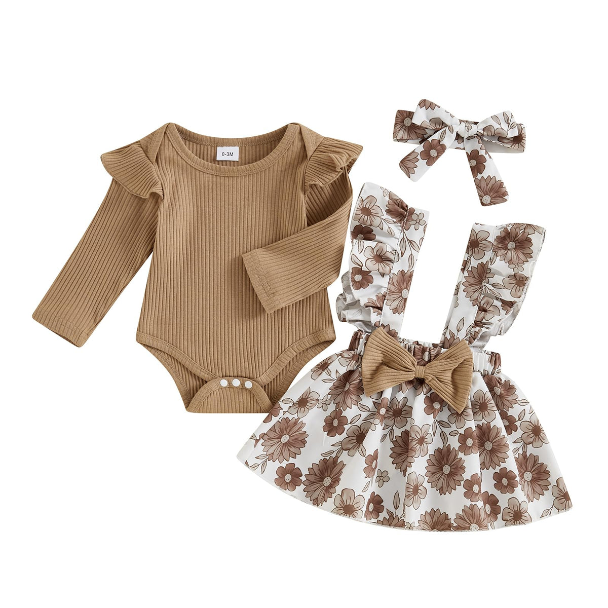 Baby Girl Fall Winter Outfits Newborn Long Sleeve Ruffle Romper Plaid/Floral Suspender Skirt Set 3Pcs Infant Clothes (A-A Khaki 6-12 Months)