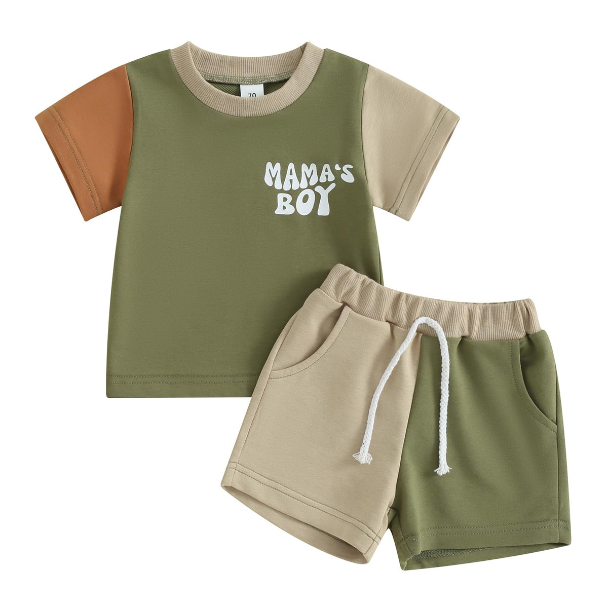 Mamas Boy Baby Clothes Toddler Baby Boy Summer Outfit Trendy Short Sleeve Top Tshirts and Shorts Summer Clothing Set (Color Block-Green & Khaki 18-24 Months)