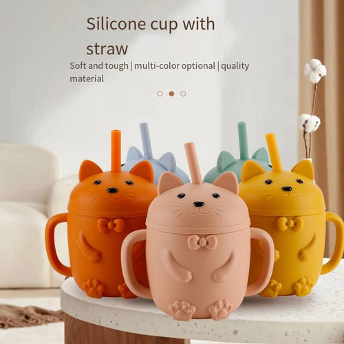 Cartoon Cat Silicone Baby Cup with Straw (BPA Free)