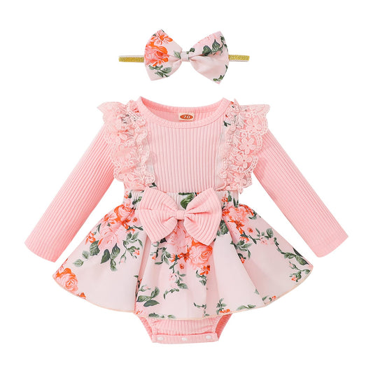 Lucikamy Newborn Baby Girl Romper Dress Ruffle Long Sleeve Ribbed Knit Overall Skirt Headband Infant Fall Winter Clothes (Pink 7 6-12 Months)