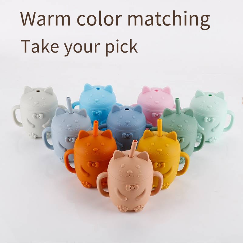 Cartoon Cat Silicone Baby Cup with Straw (BPA Free)